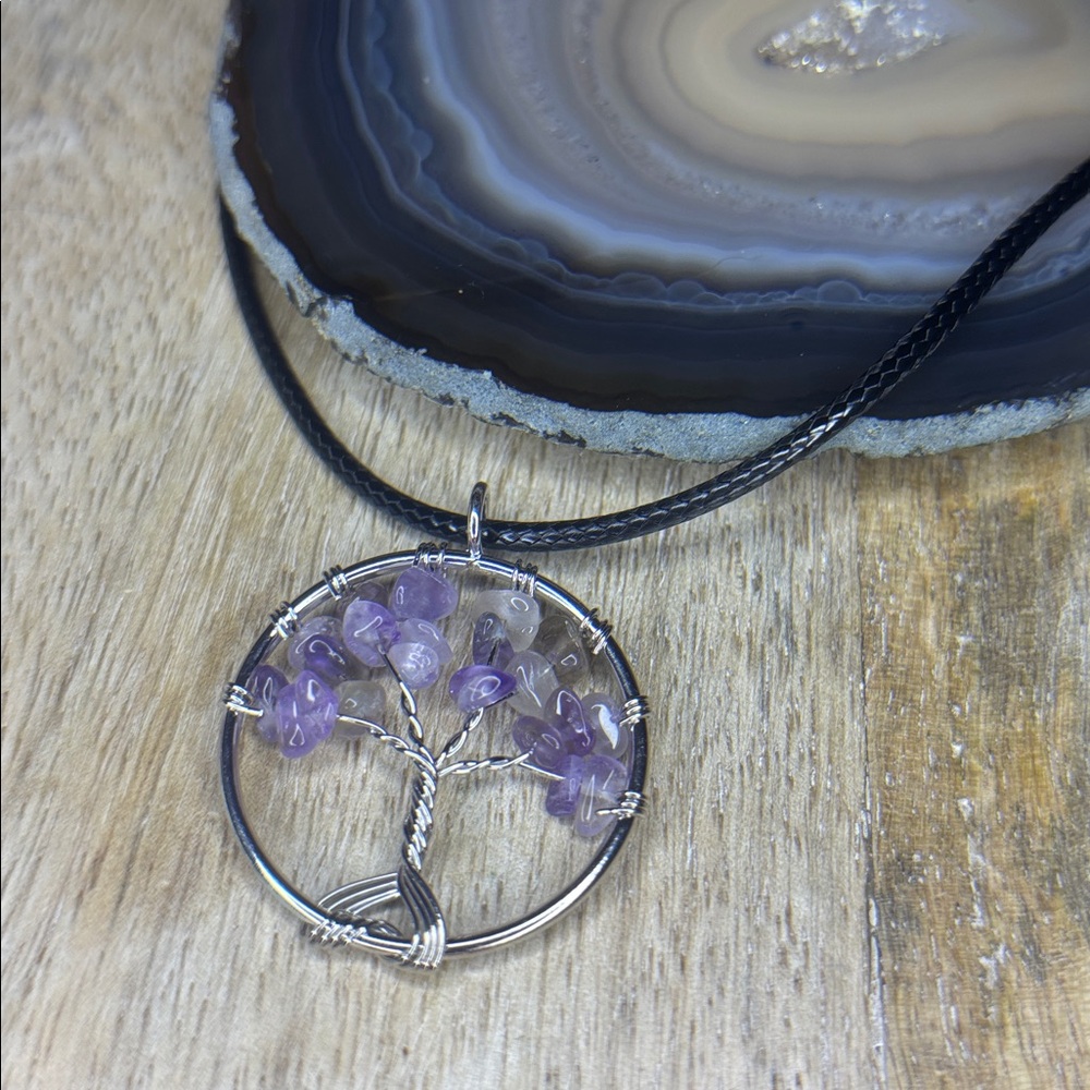Amethyst, Silver Wire Wrapped Tree Of Life Round Pendant On Black Cord Necklace